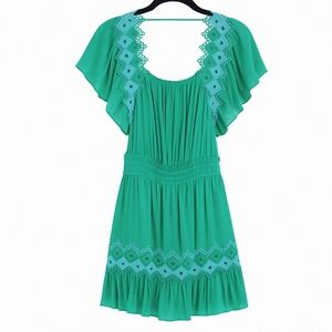 Ramy Brook Preppy Bridget Flutter Sleeve Embroidered Mini Dress Sea Green Medium